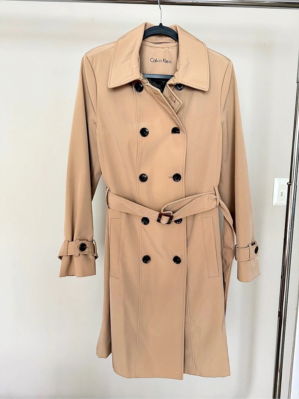 Calvin Klein Double-Breasted Belted Trench Coat in Brown